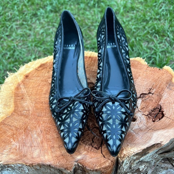 Stuart Weitzman Shoes - Stuart Weitzman Pointed Toe Heels Laser Cut Kitten Heel Bow Detail Pumps Black 6